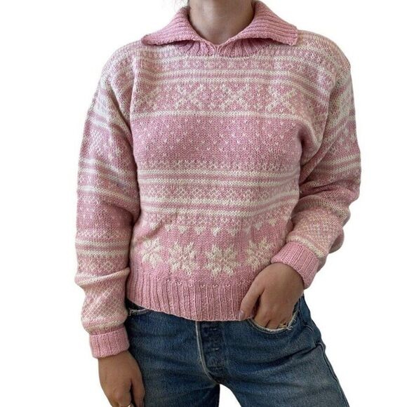 Vintage Carroll Reed Wool Pink Snowflake Valentines Day Collared Chunky Sweater - Picture 7 of 7